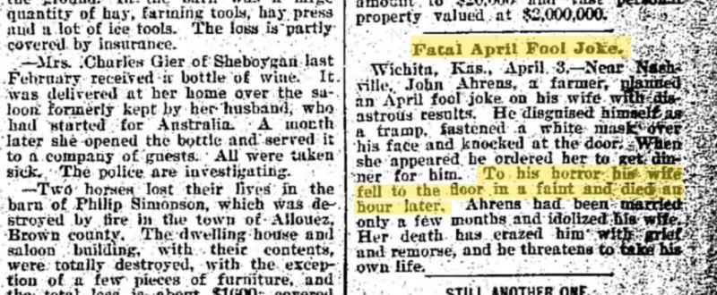 Imagen: parte del periódico del 11 de abril de 1896 en Wisconsin (Newspapers.com)